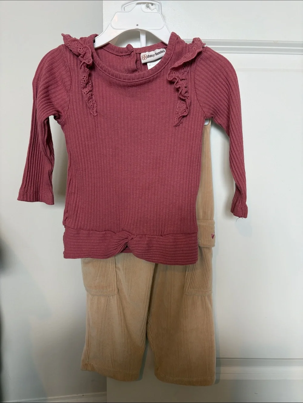 Toddler Girls Ribbed Long-Sleeve Top and Pant  in Dusty Rose and Tan